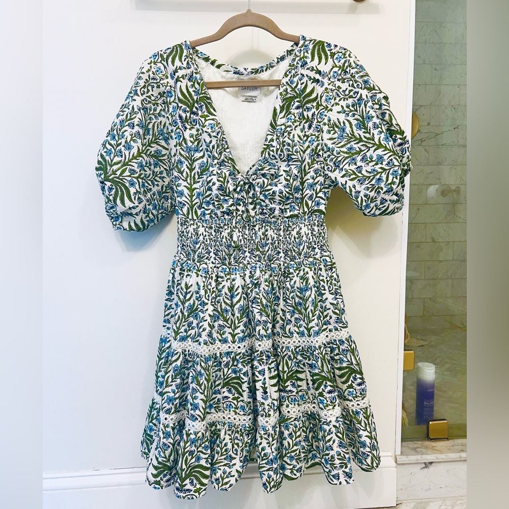 SAYLOR White Dress with Blue & Green Floral Trim